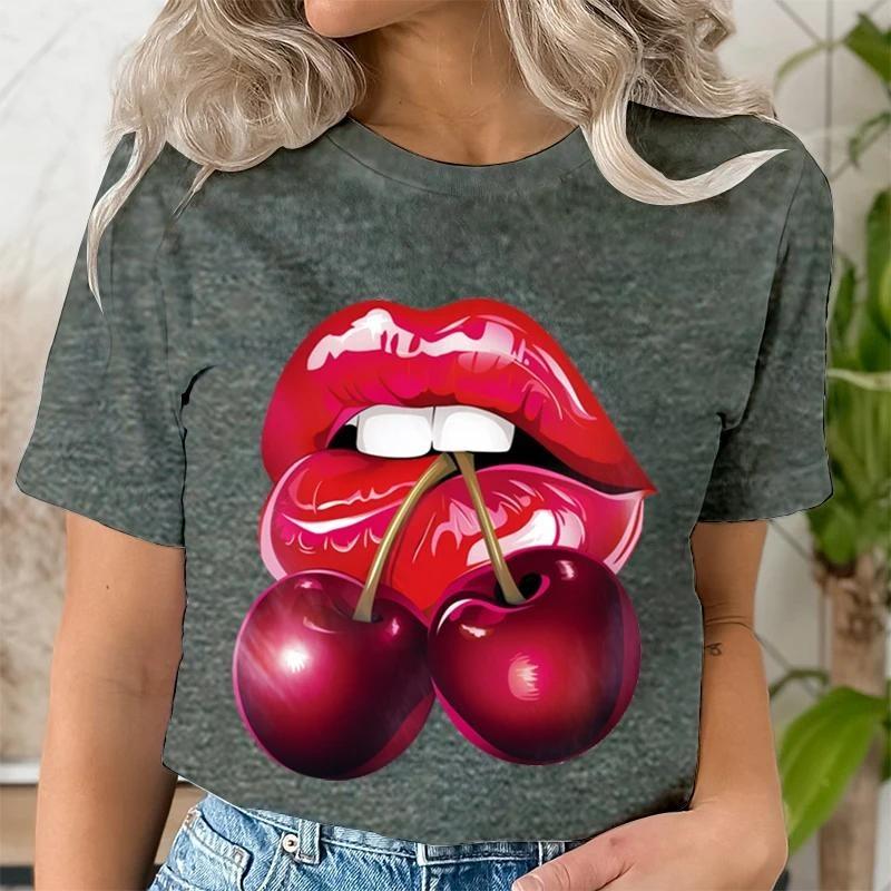 Summer Fashion Women's T-Shirt Lips Cherry 3D Printed Short Sleeve Tops Girl Loose Casual Loose Oversize Outdoor Clothing