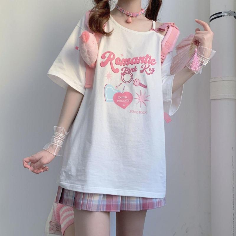 2KWEIRD Women Kawaii Off Shoulder T-shirt Harajuku Sweet Girl White Tops Y2k Aesthetic Cute Graphic Tees Japanese Fashion Shirt