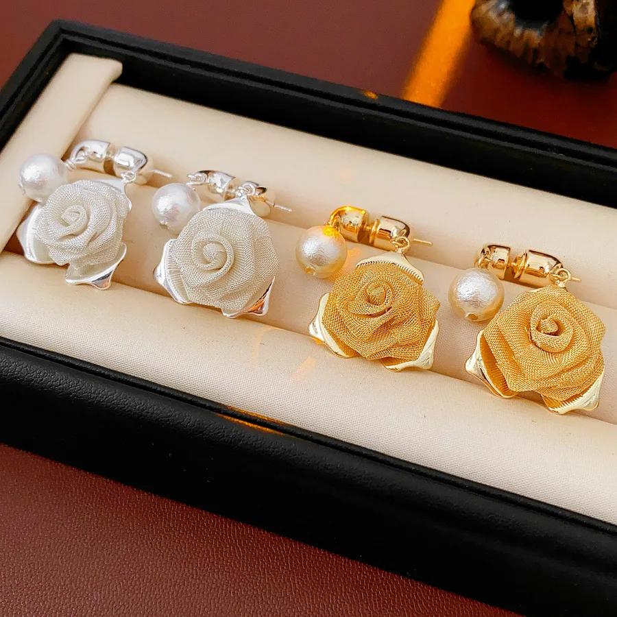 Mesh Flower Pearl Earring for Women High-end Two-wear Drop Earrings French Retro Exquisite Luxury Designer Zircon Gifts