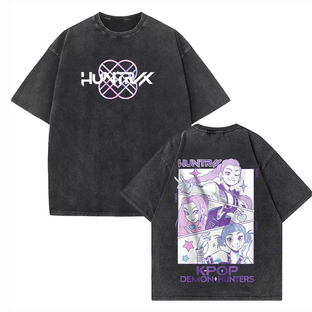 Summer Vintage KPop Demon Hunters Tiger Washed Cotton T-shirts for Men Harajuku Round-neck Heavy Tshirts Oversize Unseix Tee Top