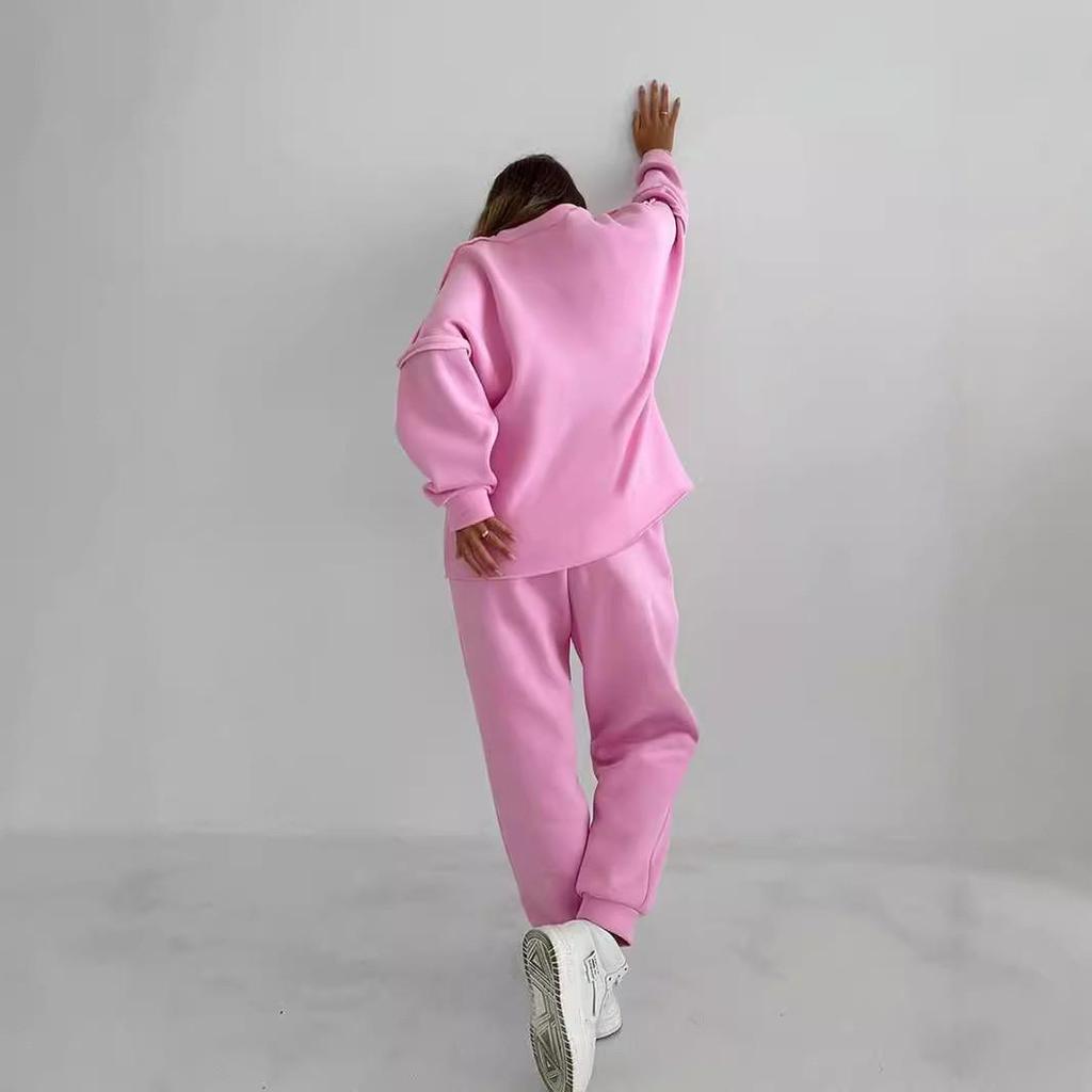 2023 Pink Sport Fleece Sweatshirt & High Waist Sweatpants Set - European & American Autumn Fashion for Women