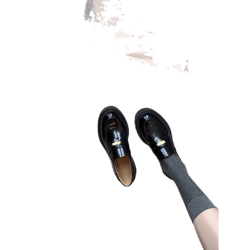 Cowhide Version~ Gold Coin Round Head Small Leather Shoes Women's Thick-soled Thick-heeled Single Shoes Versatile One-pedal Genuine Leather High-heele