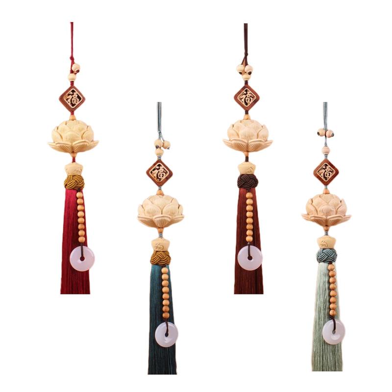 Lotus Car Rearview Mirror Pendant Wood Carving Auto Interior Dangle Decorative Universal Feng Shui Decor Car Hanging Decoration