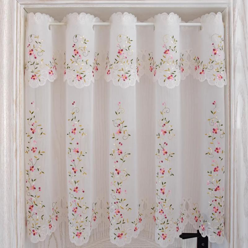 Colorful Cherry Blossom Pastoral Curtain Floral Embroidery Gauze Curtain Kitchen Bay Window Door Semi-shading for Home Door Decor
