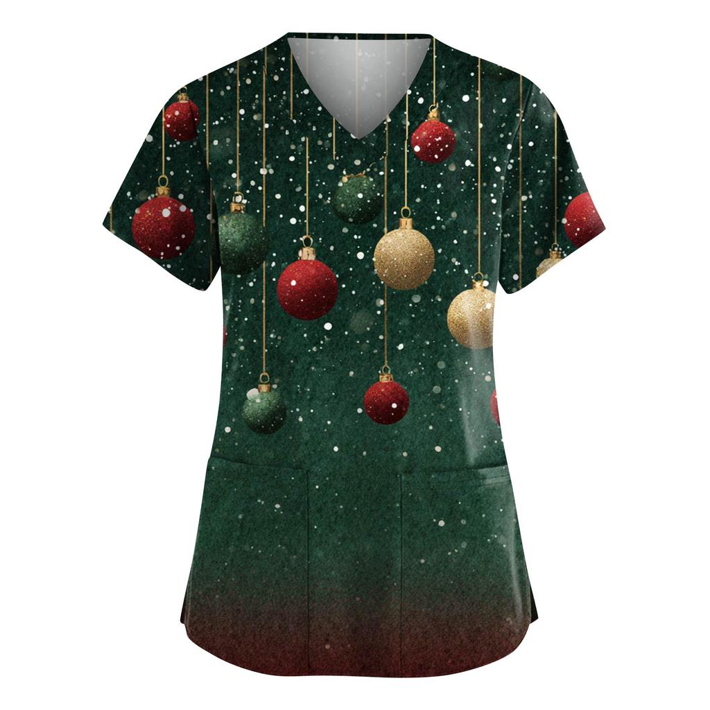 Women's Fashion V-Neck Short-Sleeved Workwear With Pockets Christmas Print Top Caregiver Uniform