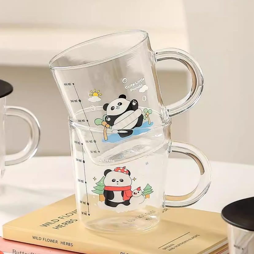 Cute Panda High Borosilicate Glass Cup High Appearance Level Covered Office Drinking Cup  Graduated Milk Cup  Coffee Cup