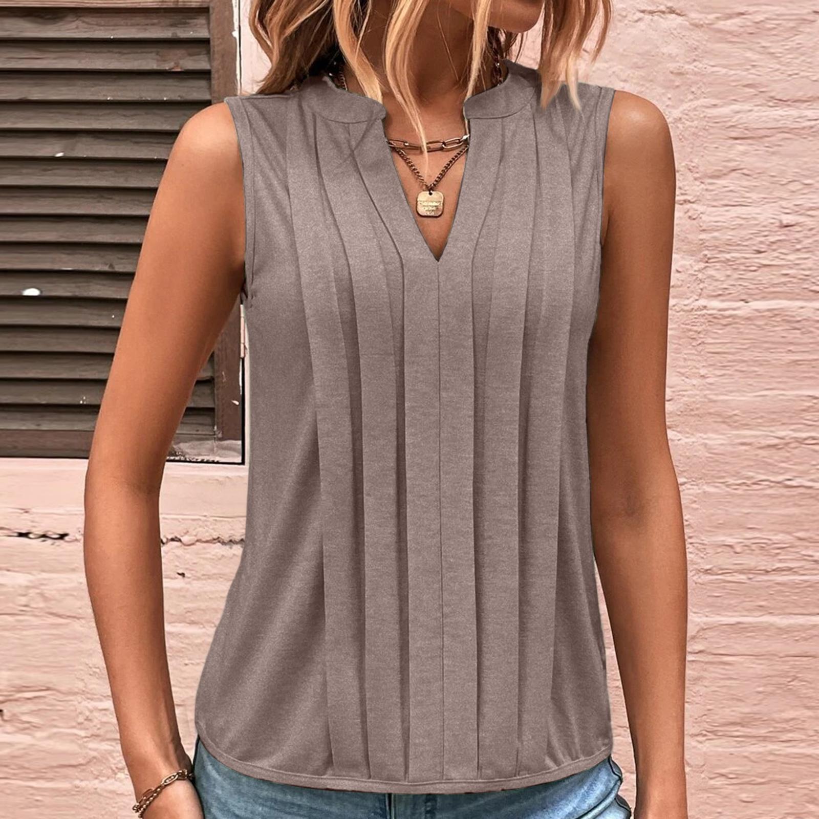 

Ladies Color Summer Fashion Temperament Elegant Pleated V-neck Vest Top XL хаки