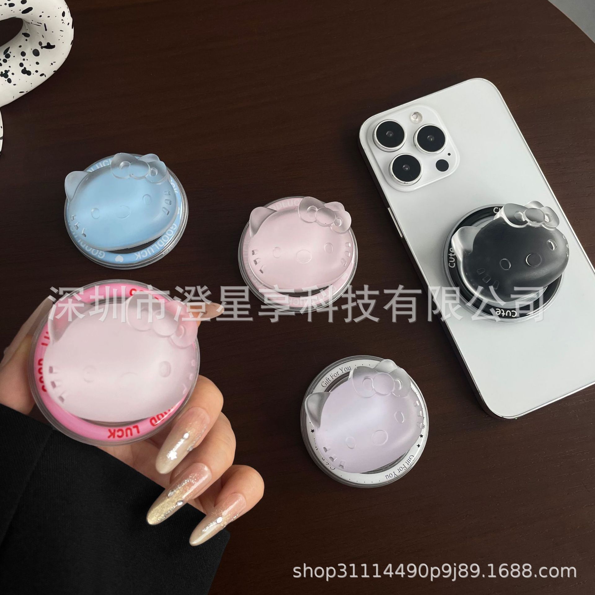 MagSafe-Compatible Cute Cartoon Cat Resin Stand with Strong Magnetic Hold and Retractable Airbag for Desktop. Resin White Kitty Cat