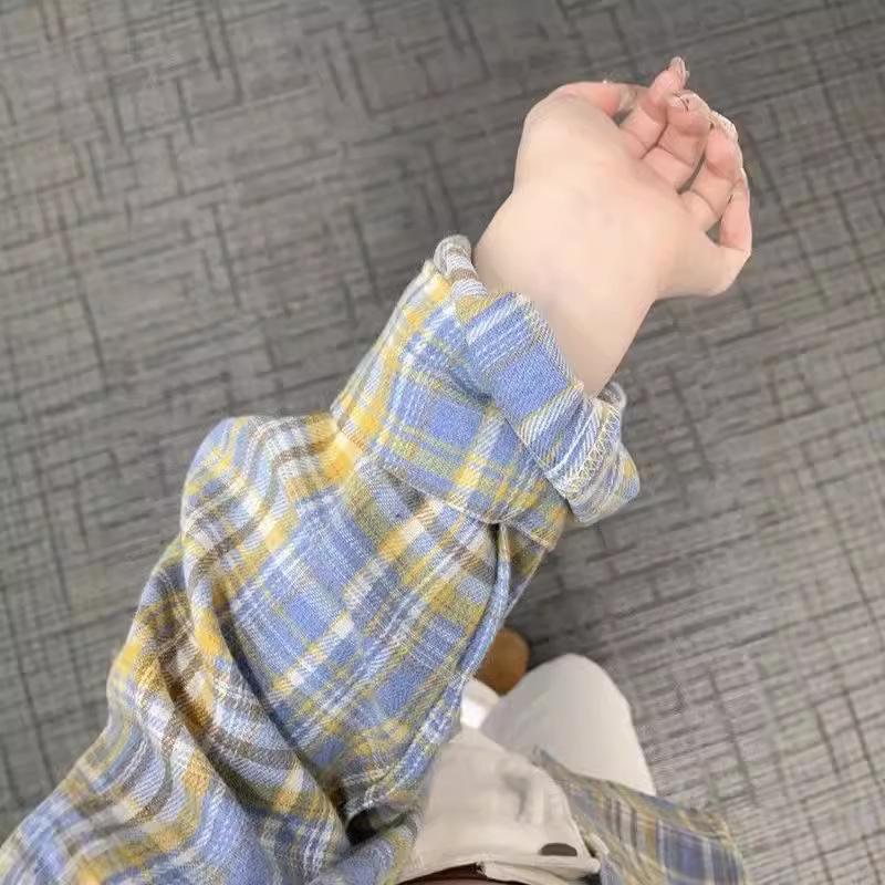 Women's Hong Kong Retro Plaid Loose Long-Sleeve Shirt for Spring/Autumn