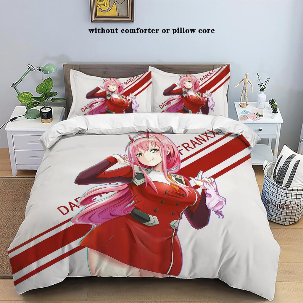 3dílný kreslený anime dívčí vzor tištěný péřový povlak na přikrývku (1dílná sada+2 povlaky na polštáře, bez výplně) ložní souprava