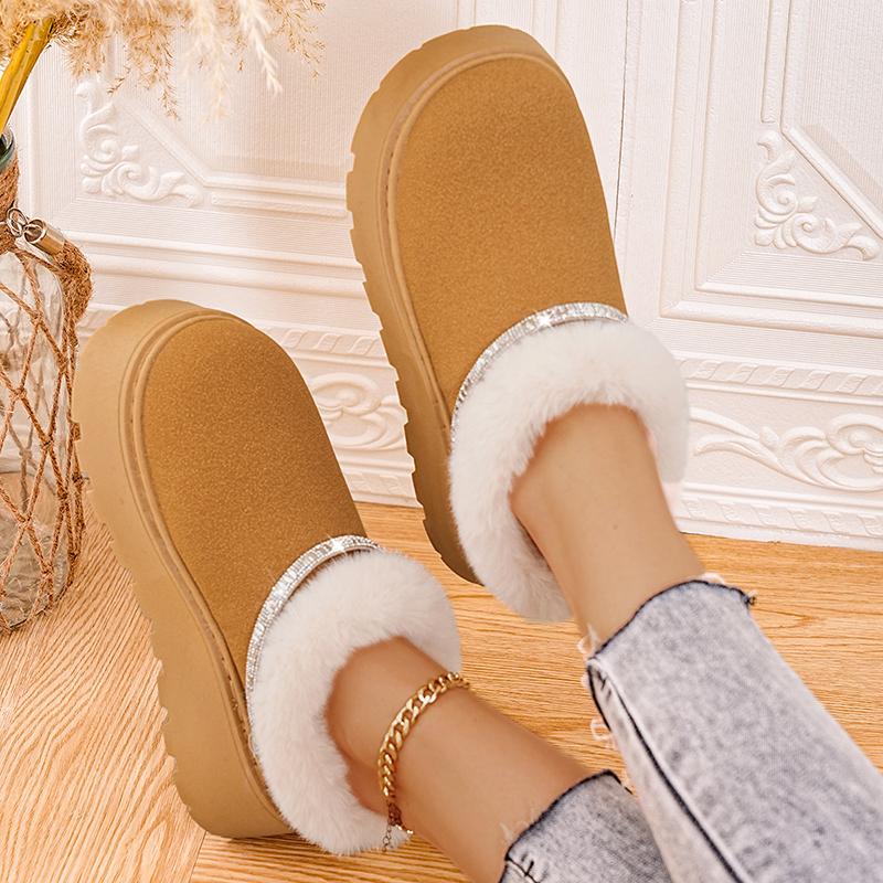 Fashion Crystal Strap Fur Ankle Boots Women Warm Short Plush Platform Snow Boots Woman Comfort Non Slip Thick Sole Cotton Shoes