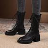 Autumn Winter Round Toe with Laces Ladies Mid Calf Shoes Black Fleece-Lined Middle Heel Women's Half High Boots 2025 New in Boot