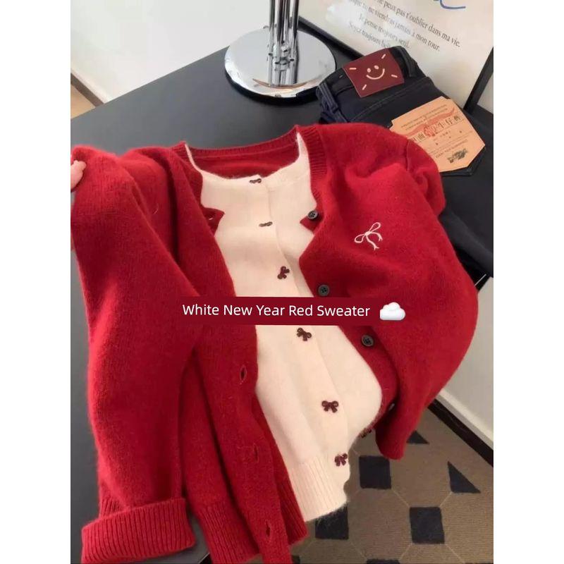 

Red Retro Design Fake Two Pieces Sweaters Cardigan Women s Autumn and Winter Age Reduction Bows Embroidered Knitwear Tops Red XL