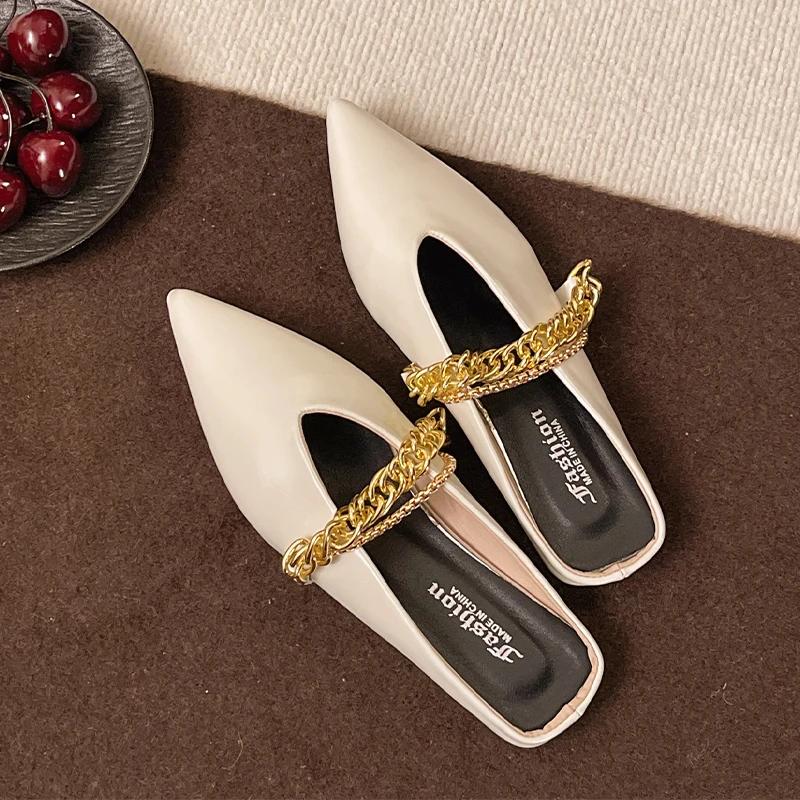 Fashion Pointed Toe Women's Slippers Chain Flats Fashion Mules Shoes Summer Woman 2025 New Designer Sandals Cozy Walking Chaussure Femme