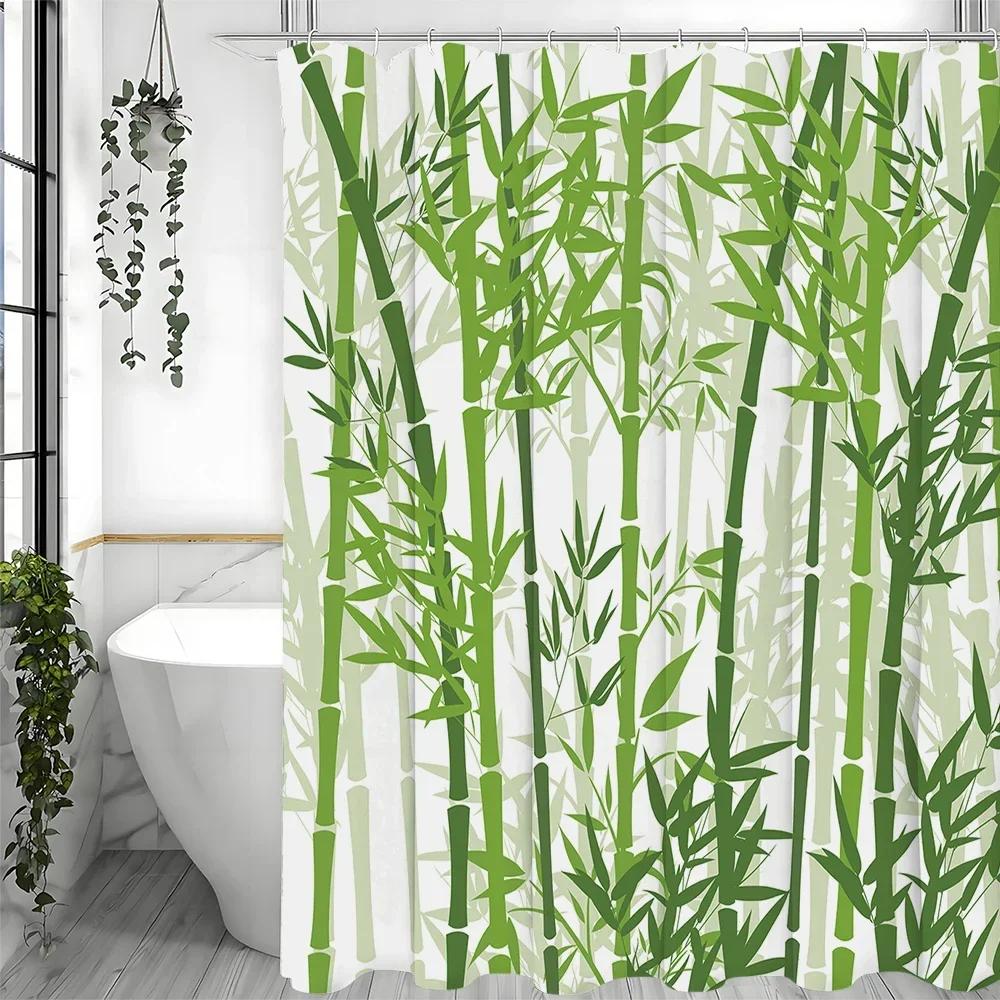 ~O~Green Bamboo Bamboo Leaf Shower Curtain, Bathroom Decorative Shower Curtain, Waterproof Shower Curtain with Hooks