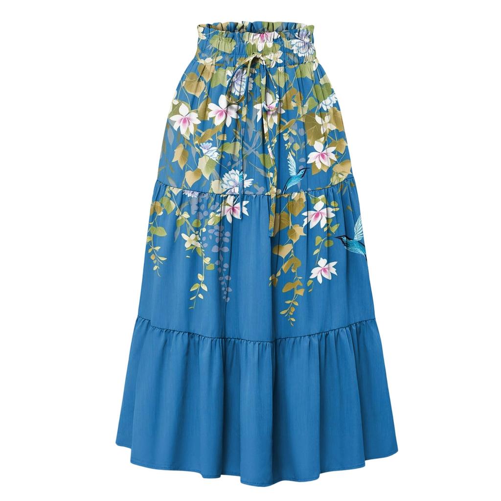 Maxi rok voor dames met trekkoord, hoge taille, lange zomerrok, lichtgewicht, gelaagd, zwierig, met bloemenprint en plooien.