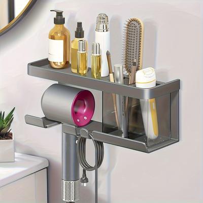 1pc No Punch Hair Dryer Holder, Wall Mounted Shelf, Hair Dryer Organiser, Multifunctional Holder, Bathroom Accessories