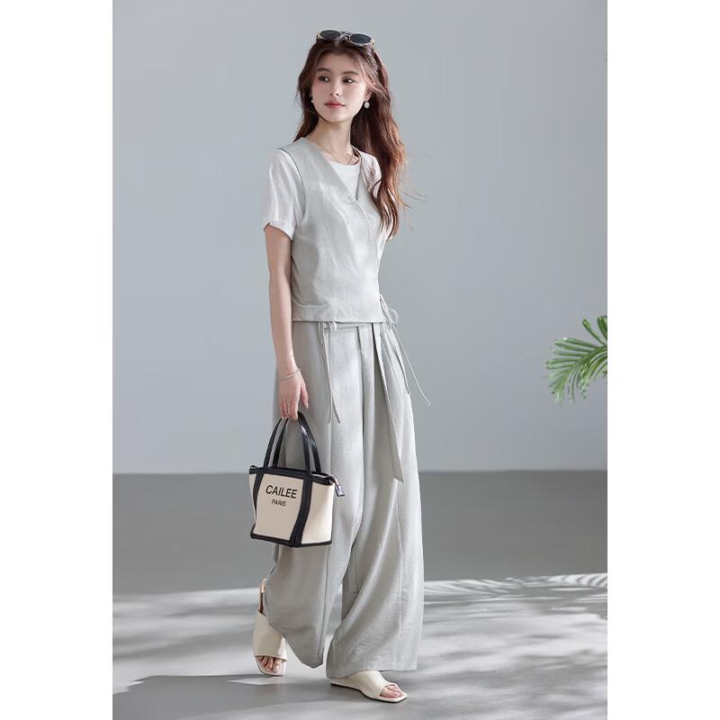 VICTORIA&VERA Round Neck T-Shirt, Vest & Wide-Leg Pants 3-Piece Set