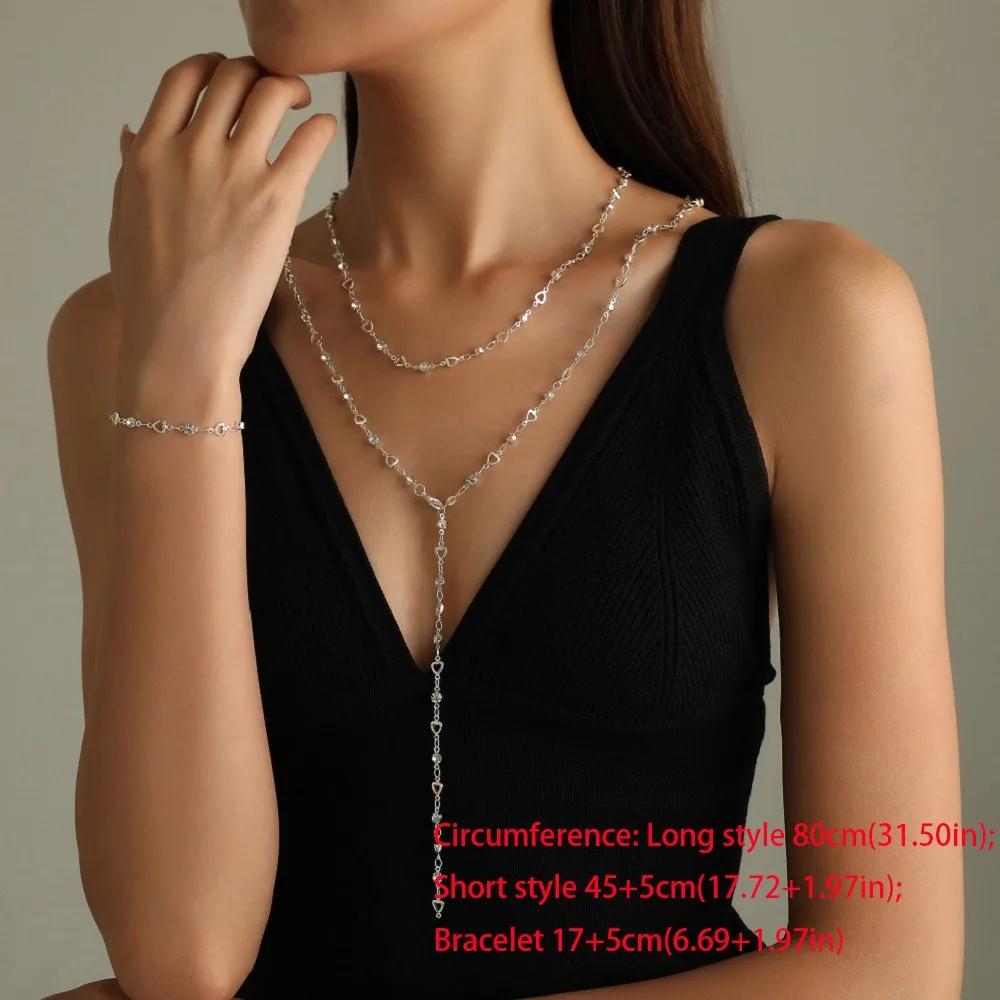 New Alloy Pentagram Star Pendant Silver Color Punk Long Chain Necklace Double Layer Y2K Style Choker
