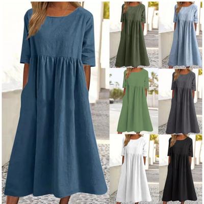 Große Größe Fette MM Rundhalsausschnitt Einfarbige Falten-Taschen Locker Lässig Mittellang Kurzarm Kleid Damen S-5XL
