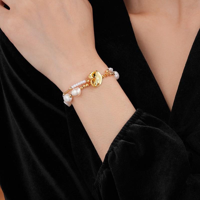 Elegant Gold Plated Double Layer Freshwater Pearl Bracelet Women French Vintage Style Irregular Geometric Design Chic