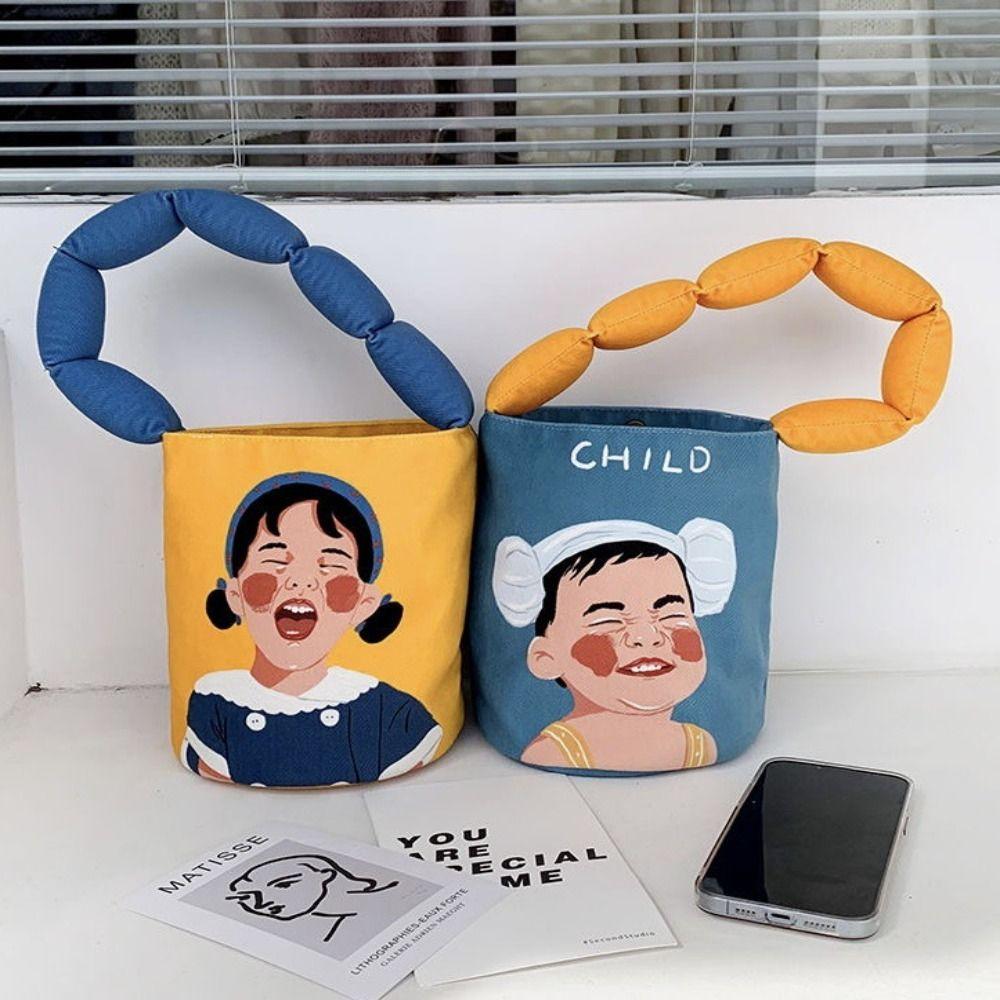 

Large Capacity Girls &Boy Print Handbag Korean Style Cartoon Graffiti Bucket Bag Storage Bag