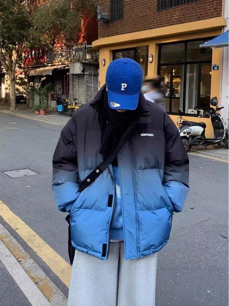 Gradient Color Thickened Cotton Jacket for Men - Autumn/Winter Trendy American Loose-Fit Coat