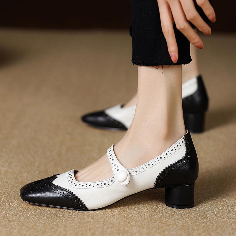 2024 New Size 34-40 Genuine Leather Shoes Woman Mary Jeans High Heel Pumps Square Toe Fashion Office Dress Shoes Ladies Footwear