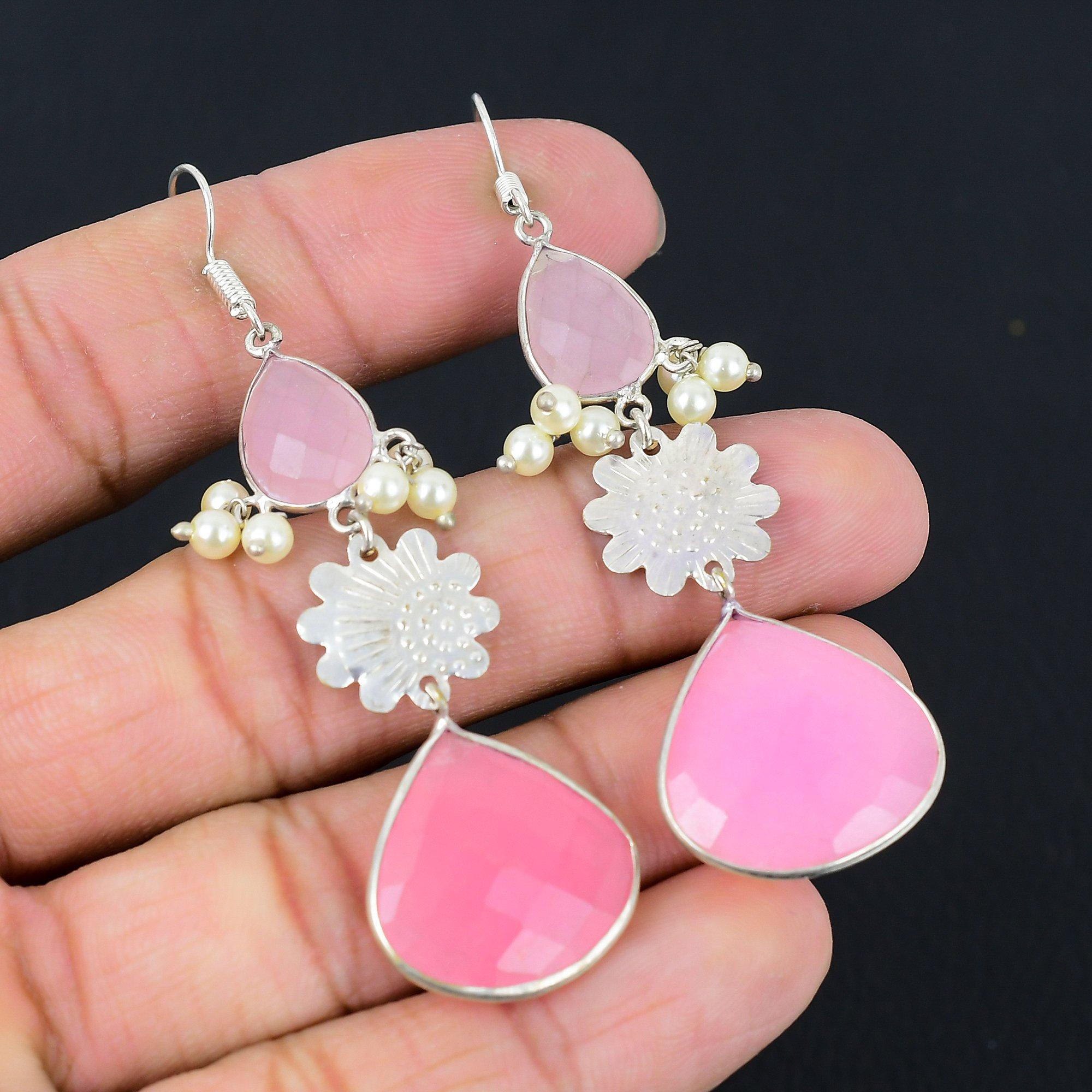 

Pink Chalcedony Gemstone 925 Sterling Silver Drop Dangle Ethnic Earrings Jewelry
