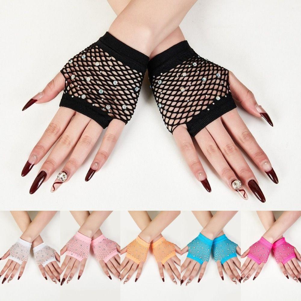 Fishnet Design Rhinestone Gloves Shiny Decor Short Gloves New Fingerless Gloves Dance Performance