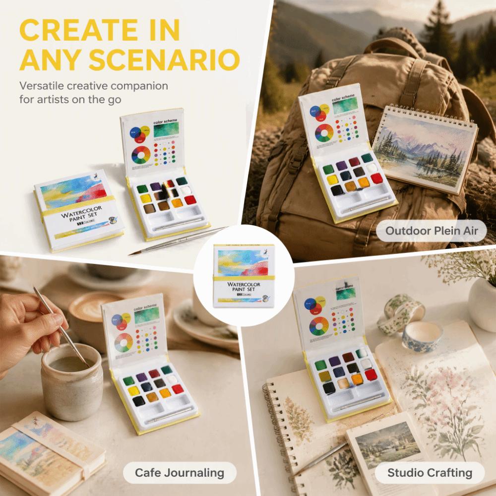 12 Colors Solid Watercolor Paint Set Portable Non‑toxic Travel Watercolor Set Travel Size Solid Watercolor Paint Box Travel