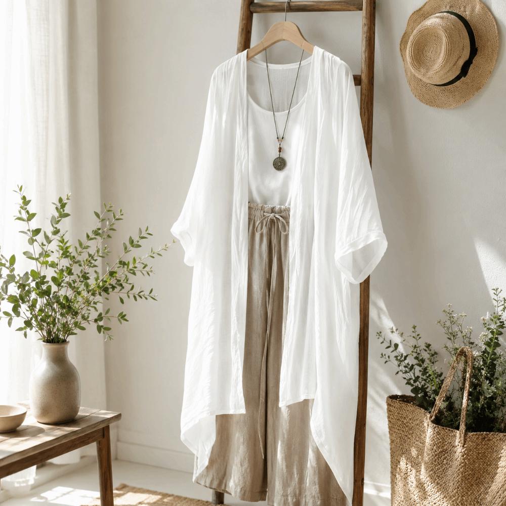 Short Sleeved Long Shawl Loose Beach Top Breathable Linen Cardigan  Summer Wear