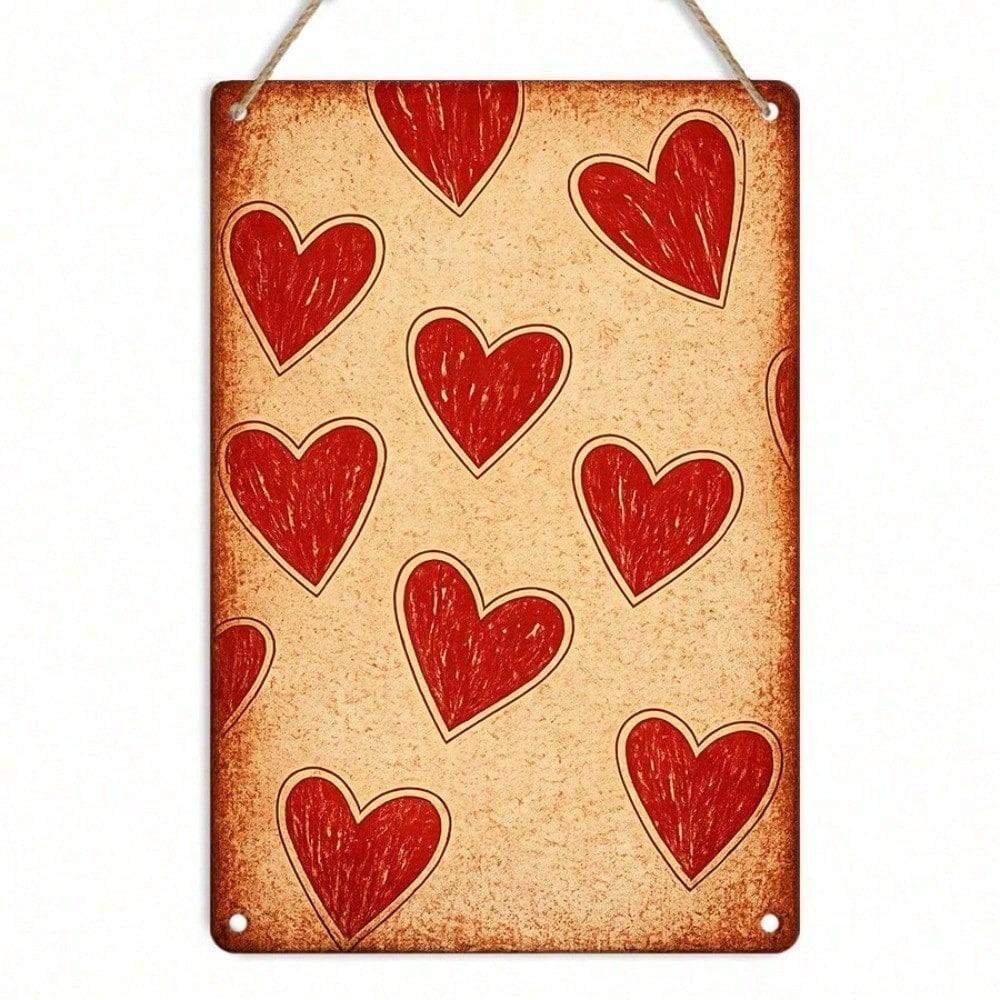 1PC Retro Metal Tin Sign, Red Heart 2D Flat Wall Art, 12x8in Weather-Resistant Hanging Decor for Festival