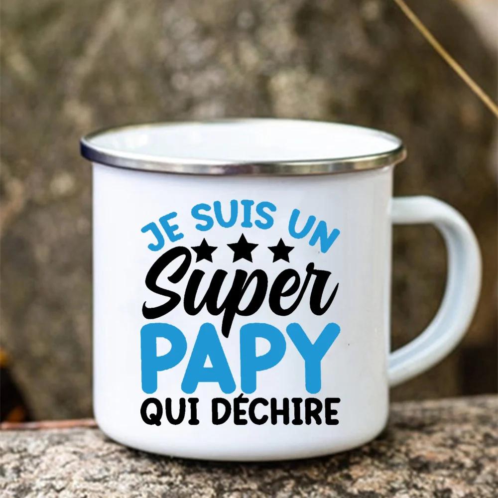 Super Papy Print Mugs Creative Coffee Cups Drink Water Tea Camping Cup Enamel Mug Outdoor Home Handle Drinkware Gift for Grandpa