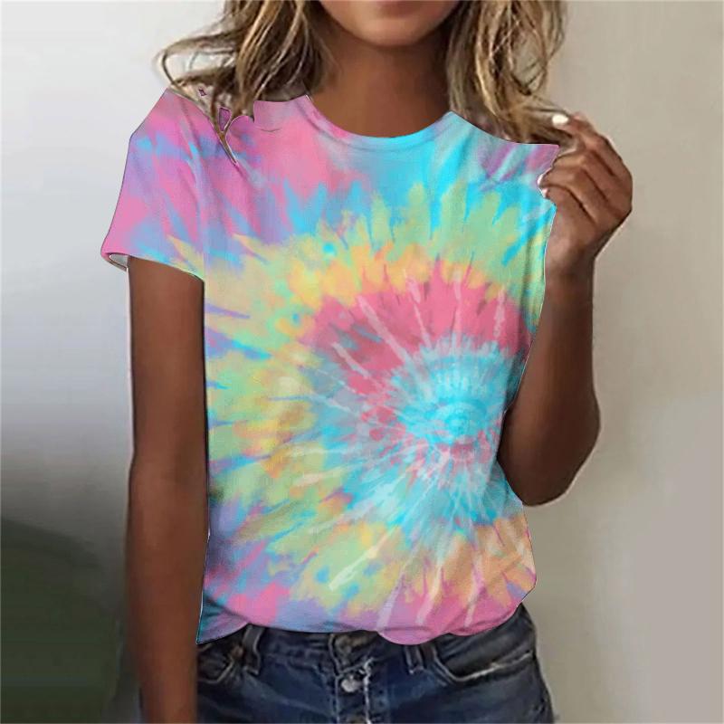 Camisetas de Manga Corta con Cuello Redondo para Mujer con Estampado 3D de Patrón Tie Dye Colorido Y2k Harajuku Camisetas Oversize Tops Ropa Femenina