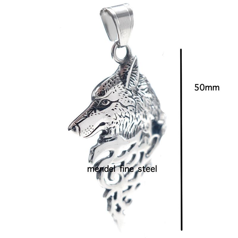 Mens Stainless Steel Viking Fenrir Wolf Head Pendant Necklace Men Silver