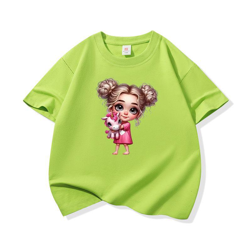 Kids Cotton T Shirt Adorable Girl With Pink Unicorn Print Crew Neck Short Sleeve Tee Casual Boys Girls Summer Tops