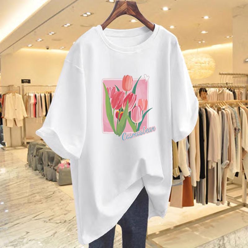 

Floral Print Women s Short Sleeve Letter T-shirt L