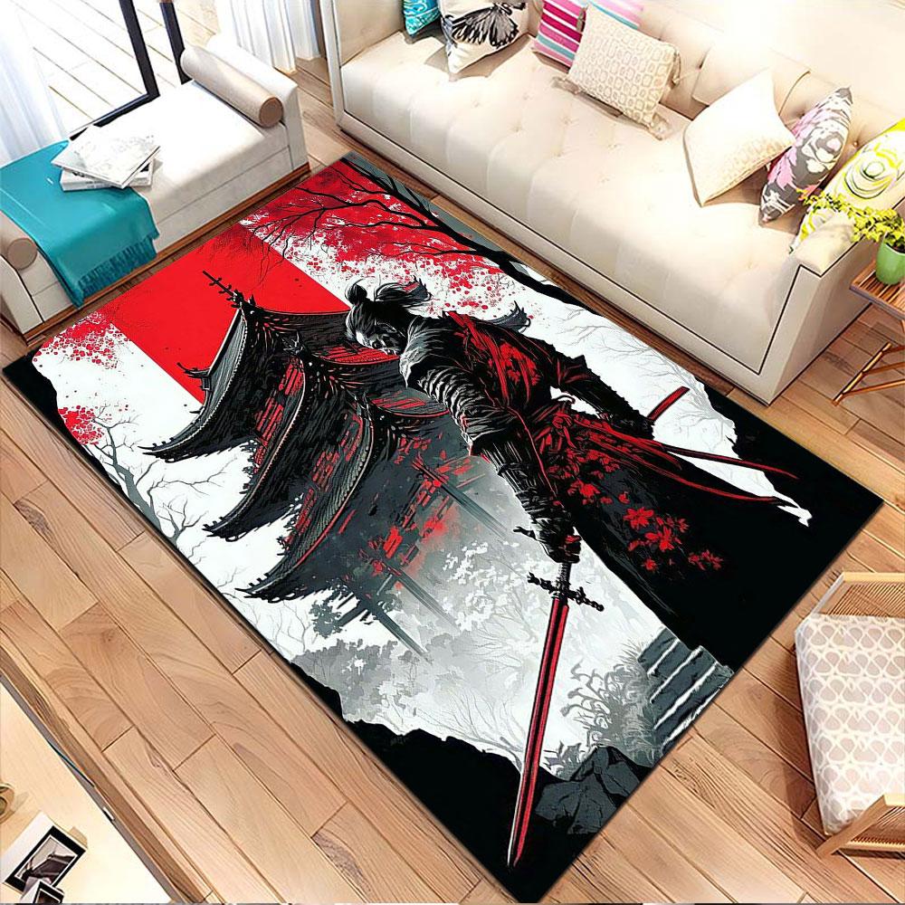 Samurai Warrior with Japanese Temple Scene Patterned carpet, non slip mat suitable for living room and bedroom sofas