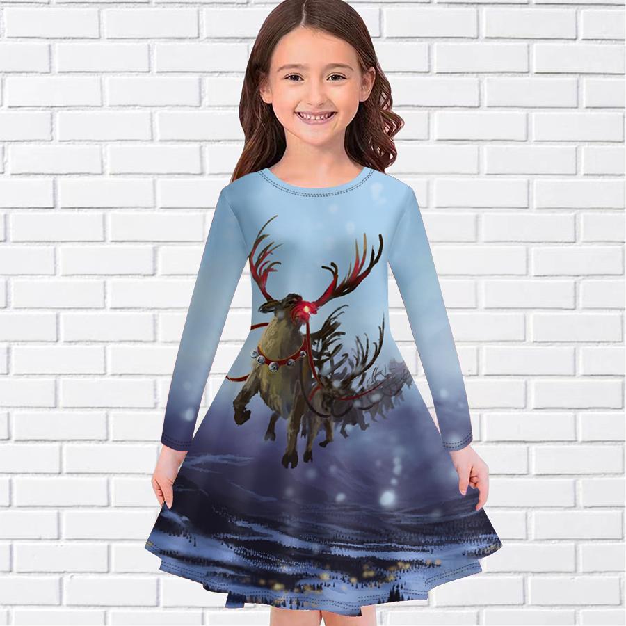 Girl Casual Christmas Gift Elk Print Round Neck Long Sleeve Dress Kid Princess Dress