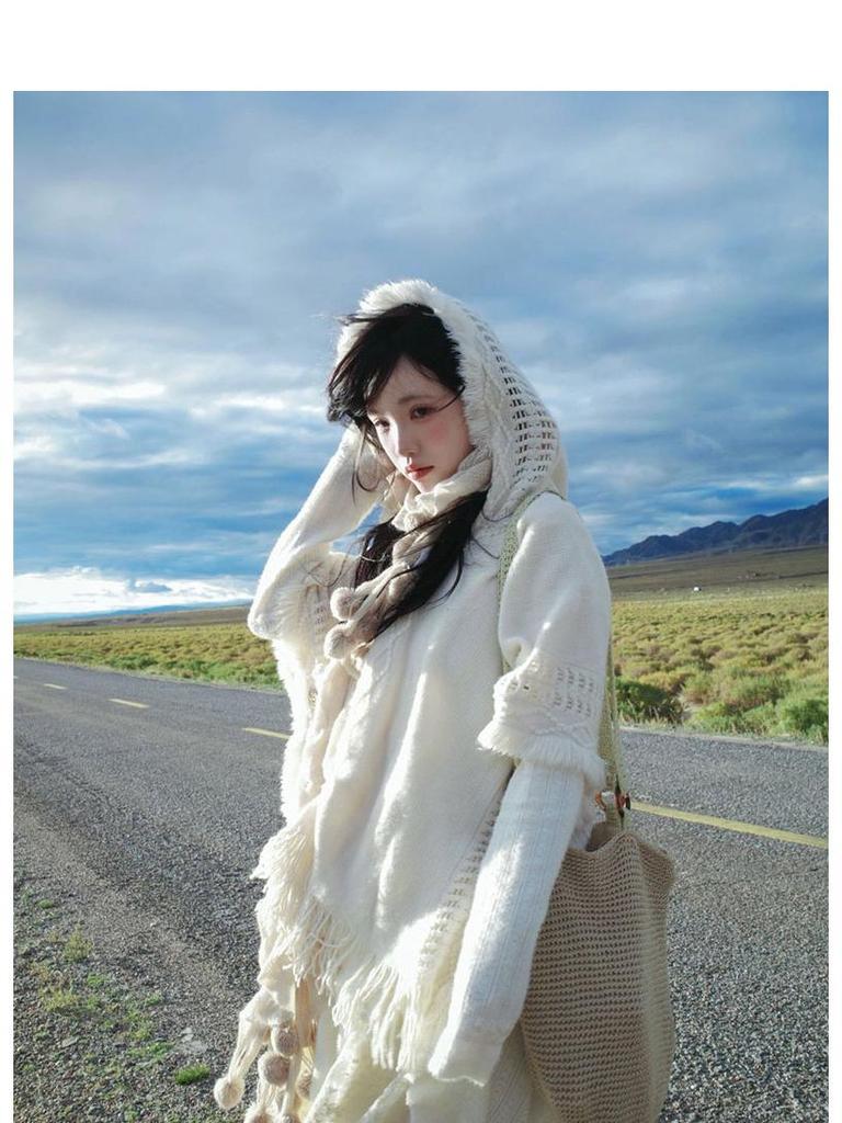 Weißer Mori Böhmischer Quasten Umhang Schal Pullover für Damen