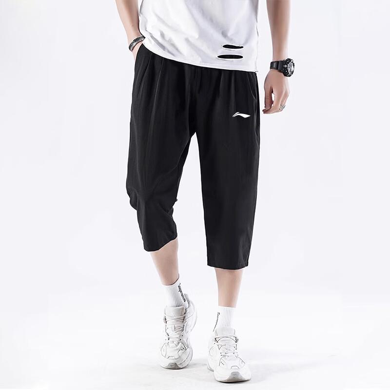 Li Ning Mid Waist Loose Solid Color Quick Dry Seven Point Shorts Thin Casual Shorts Men shorts Black AKQU425-1
