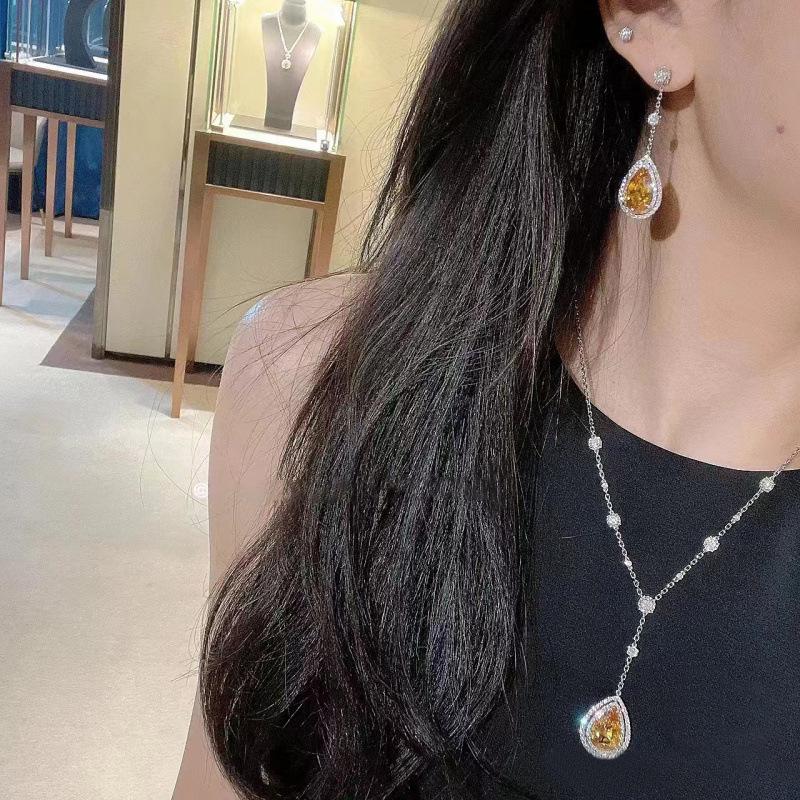 Noble Adjustable Gemstone Three-Piece Set: Yellow Diamond Teardrop Earrings, Necklace, and Ring - Versatile High-End Design