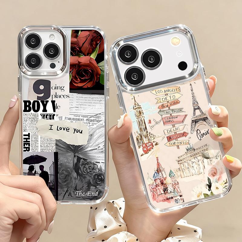 Retro Collage Style Phone Case For iPhone 17 Pro Max Plating Lens Frame Clear Soft Cover For iPhone 16 15 14 13 Pro Max 11 16E 17E