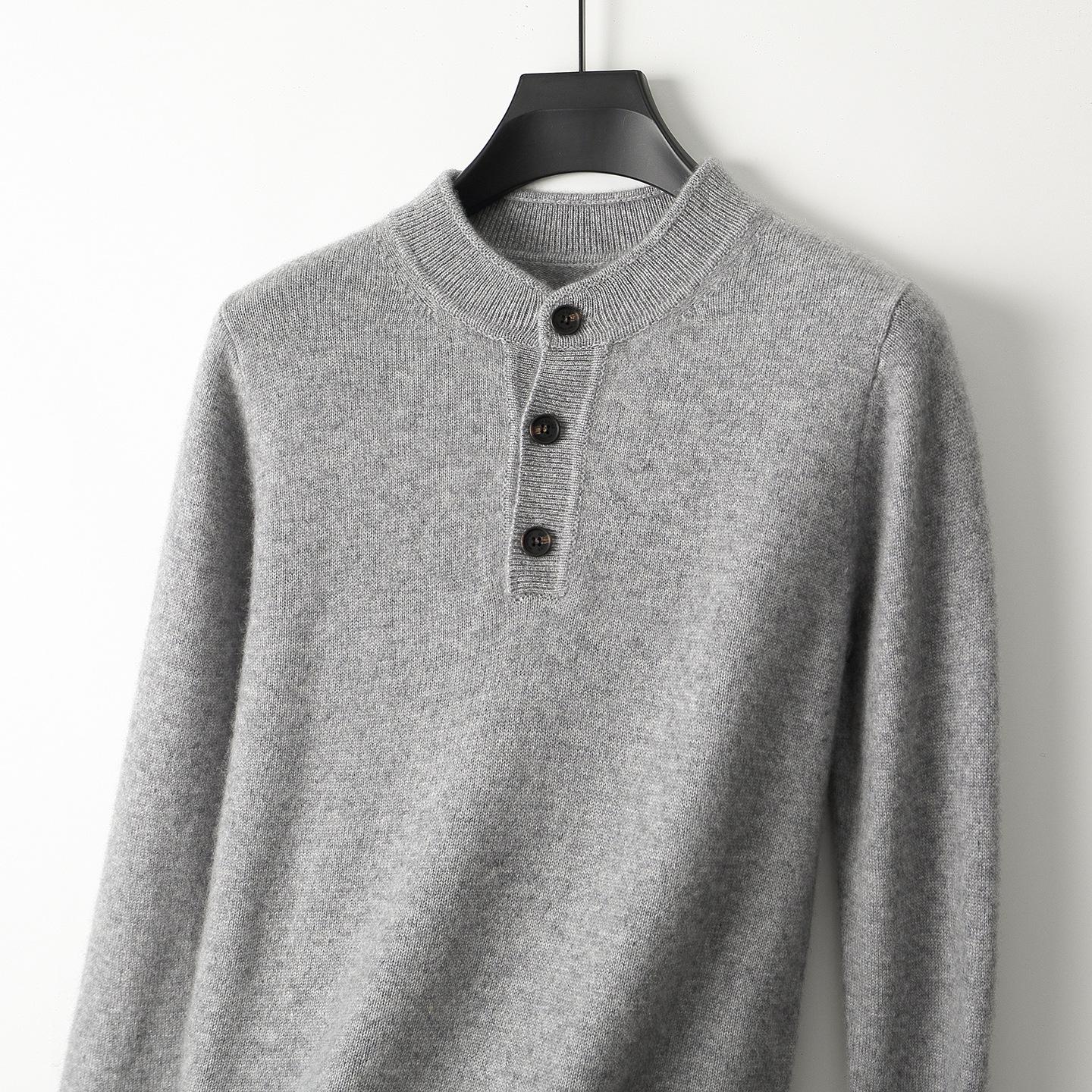 

Men s Wool Henley Sweater: Thickened 100% Pure Wool, Round Neck, Half-Button, Warm Autumn/Winter Knit Pullover. XXXL світло-сірий колір