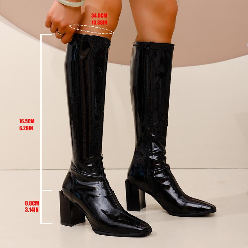 Fashion Women's High Heel Patent Leather Knee High Boots Autumn Fashion Square Toe Long Boots Woman Zipper Block Heel Party Dress Shoes