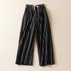 Real summer new literary loose linen striped wide-leg pants women's elastic waist lace-up large-size casual pants