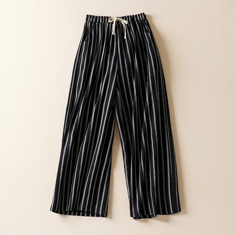 Real summer new literary loose linen striped wide-leg pants women's elastic waist lace-up large-size casual pants