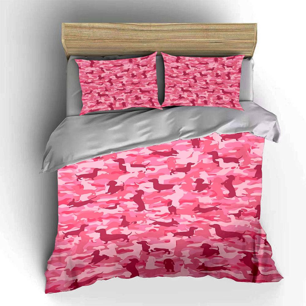 Pink Dachshund Camo Pattern Bedding Duvet Cover Set Duvet Cover Pillowcases (1*Duvet Cover 2*Pillowcases, Without Duvet Insert)