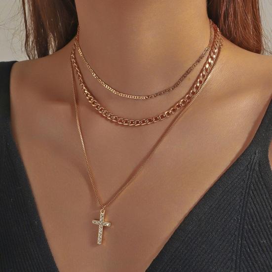 Layered Cross Necklace for Women Rhinestone Crystal Pendant Multi-Layer Choker Chain with Adjustable Extender